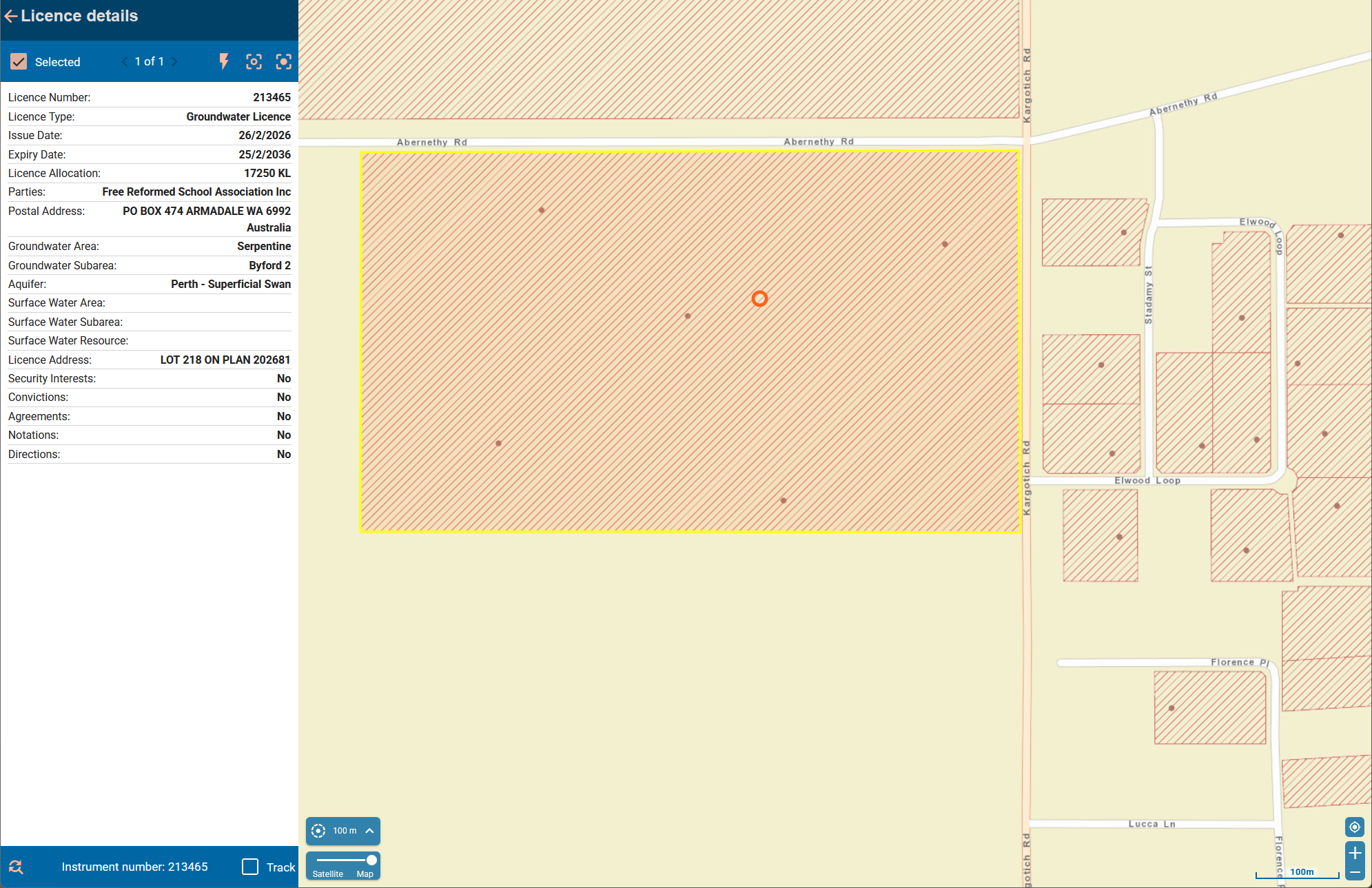WA Water Register map and licence details for FRSA groundwater licence 213465 at Lot 218 on Plan 202681
